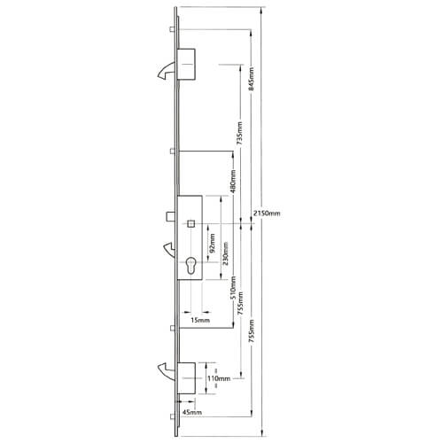 GU Protector Latch 3 Hooks 4 Rollers Lift Lever Multipoint Door Lock (top hook to spindle = 735mm)