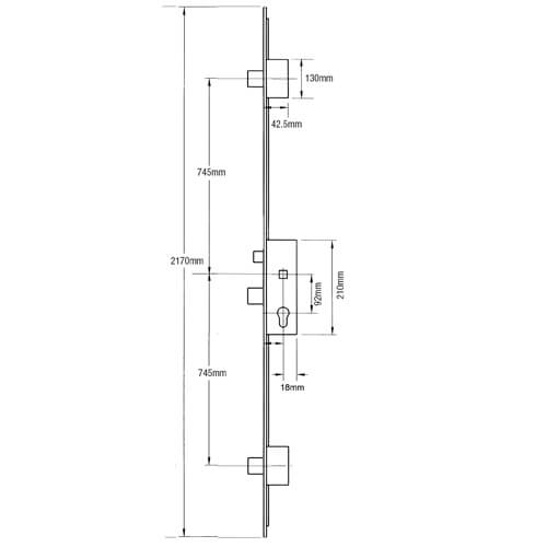 Weru Latch 3 Deadbolts Key Wind Multipoint Door Lock - Option 1 (top deadbolt to spindle = 745mm)