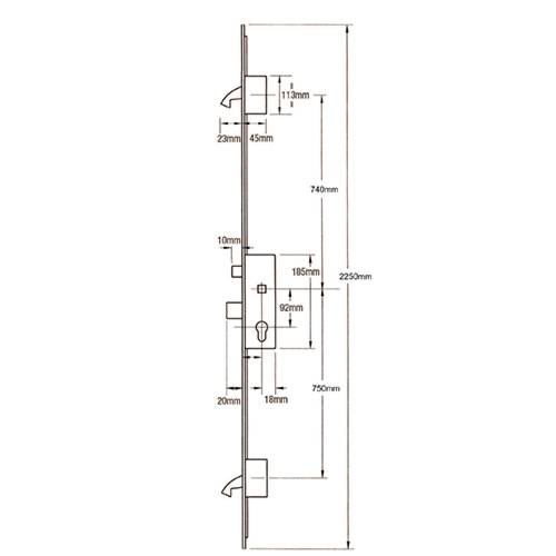 Winkhaus Trulock Latch Deadbolt 2 Hooks 24mm U-Rail Faceplate Multipoint Door Lock - Option 1 (top hook to spindle = 740mm)