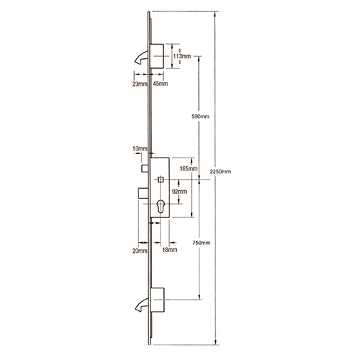 Winkhaus Trulock Latch Deadbolt 2 Hooks 24mm U-Rail Faceplate Multipoint Door Lock - Option 2 (top hook to spindle = 590mm)