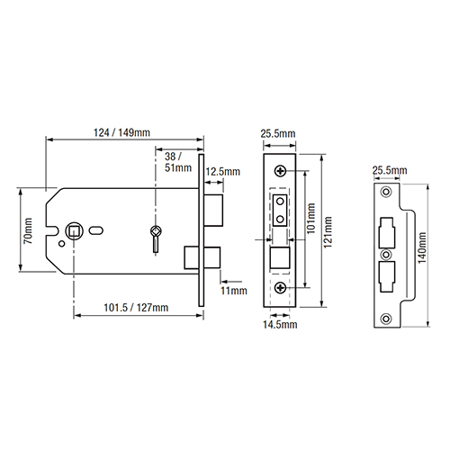 Union 2026 Horizontal Bathroom Mortice Sashlock