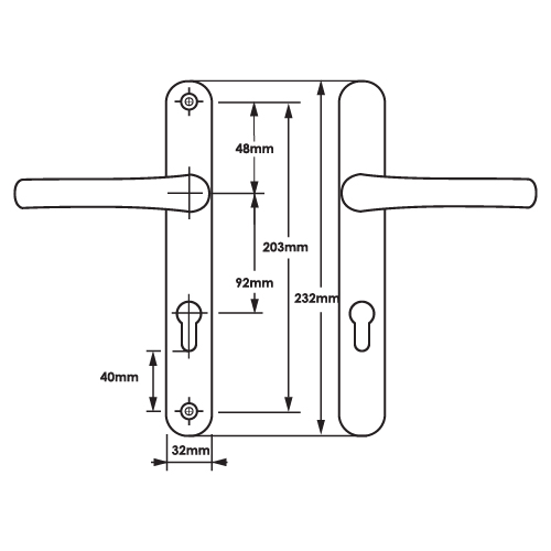 TSS Lever Lever UPVC Multipoint Door Handles - 92mm PZ - Sprung - 203mm Screw Centres - 232mm Backplate