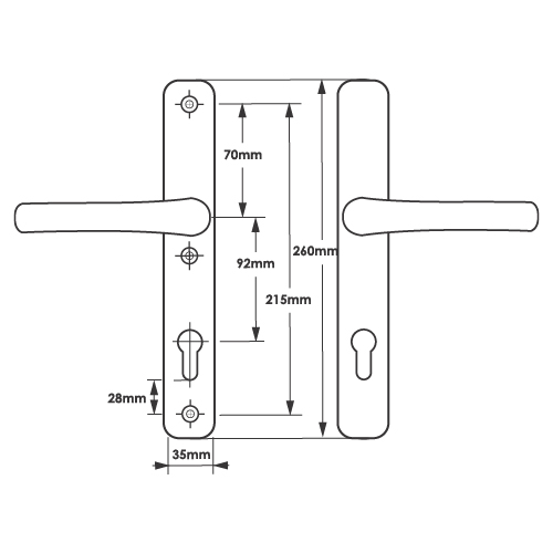 TSS Lever Lever UPVC Multipoint Door Handles - 92mm PZ Sprung - 215mm Screw Centres - 260mm Long Backplate - 3x Fixing Points