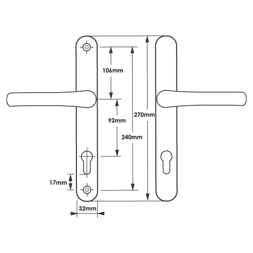 TSS Lever Lever UPVC Multipoint Door Handles - 92mm PZ Sprung 240mm Screw Centres - 270mm Long Backplate