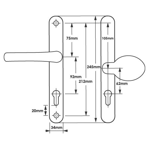 TSS Lever Moveable Pad UPVC Multipoint Door Handles - 92mm/62mm PZ Sprung 212mm Screw Centres