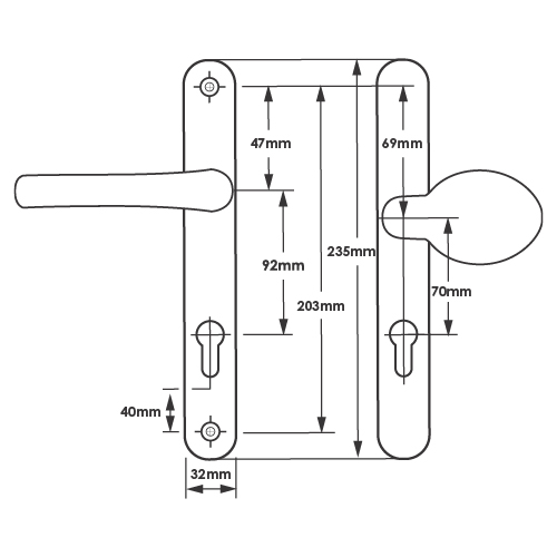 TSS Lever Moveable Pad Offset UPVC Multipoint Door Handles - 92/70mm PZ - Sprung - 203mm Screw Centres